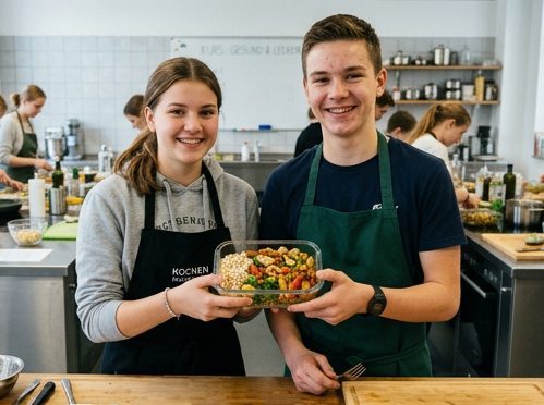 Jugendliche bereiten Meal-Prep-Gerichte in der Lehrküche der Akademie Maria Stern zu